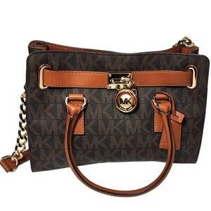 Michael Kors Hamilton Satchel Brown Monogram Canvas Tan Leather Gold Padlock Bag